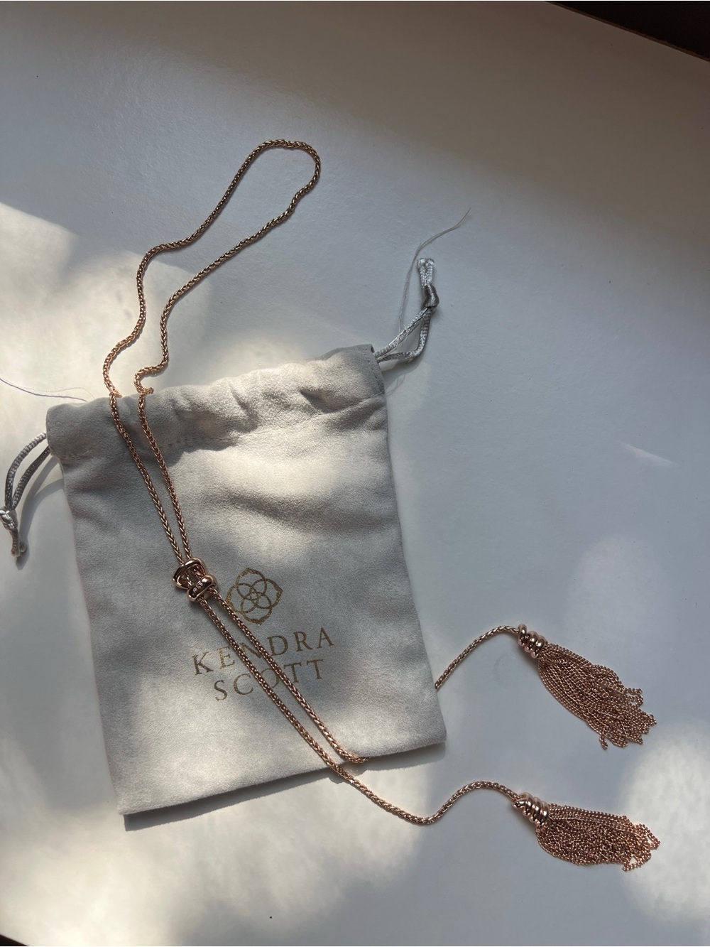 Kendra Scott Rose Gold Tassel Lariat Necklace + Original Bag
